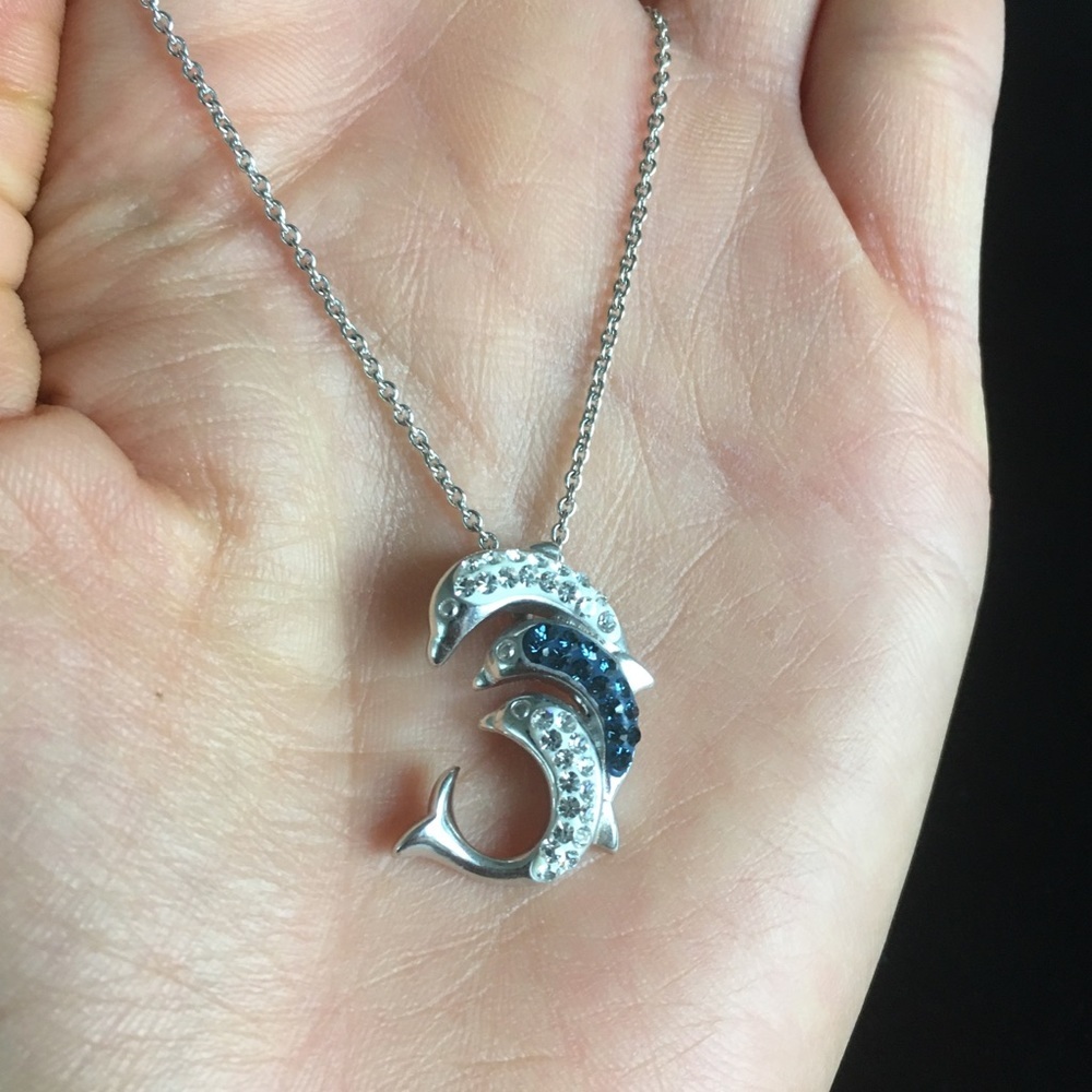 Silver Tone Rhinestone Crystal Dolphin Necklace - Picture 3 of 10
